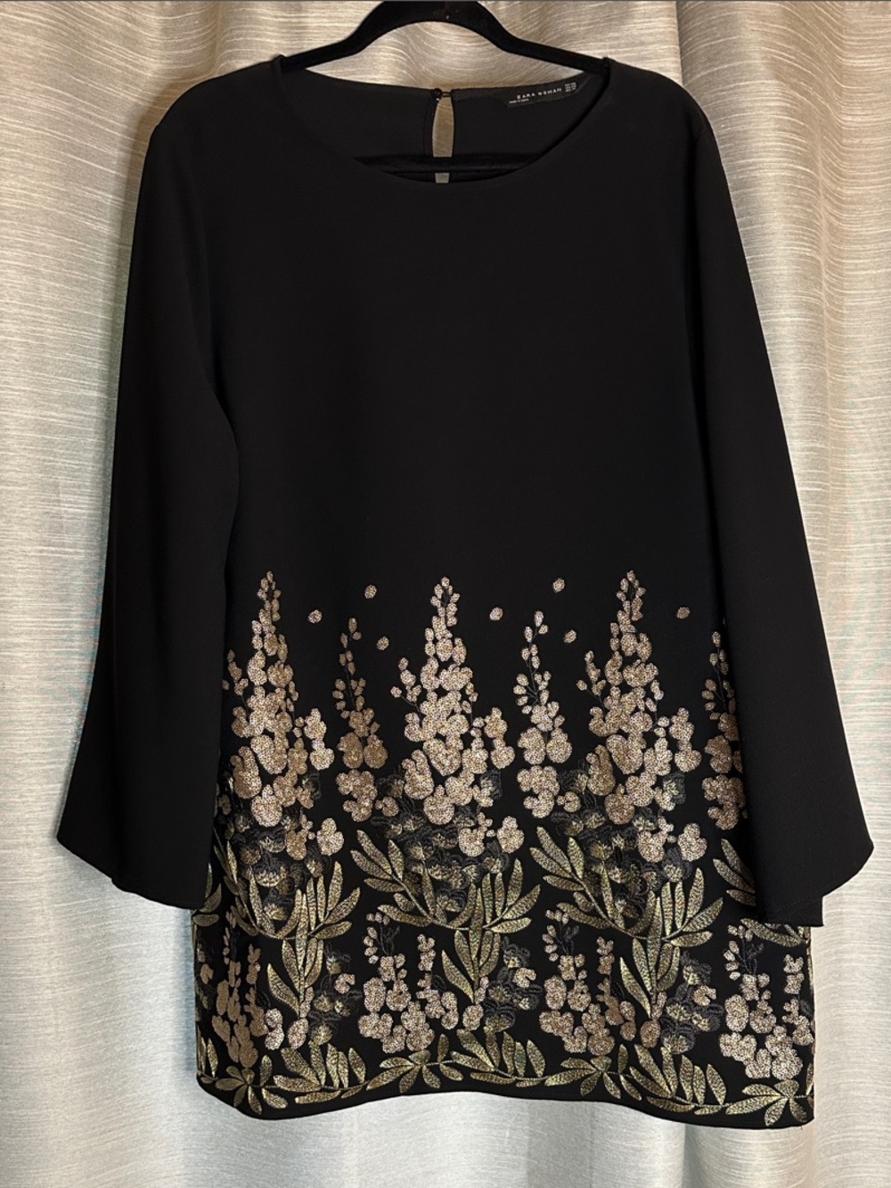 Zara Black Tunic Mini Dress with Gold Sequin and Floral Embroidery
